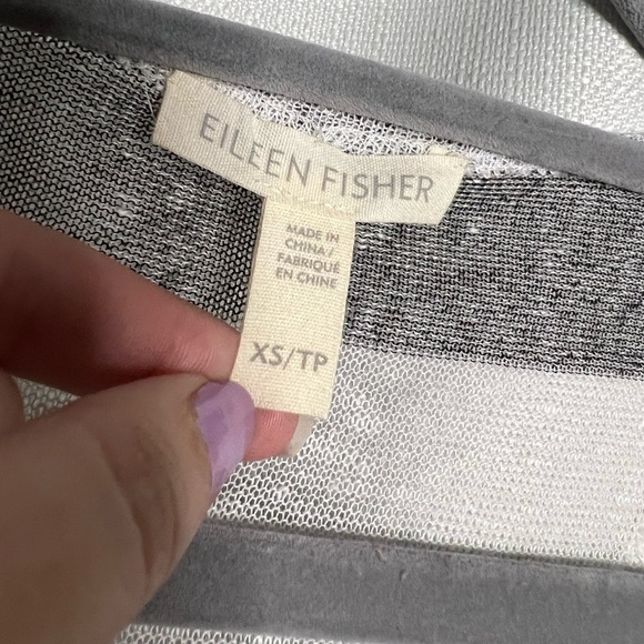 EILEEN FISHER White and Grey Organic Linen Stripe Knit Racerback Long Tank XS - Picture 4 of 6
